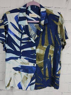 Jams World Vintage Blue Green Leaf Print Button-Up Shirt Womens L Hawaiian Shirt